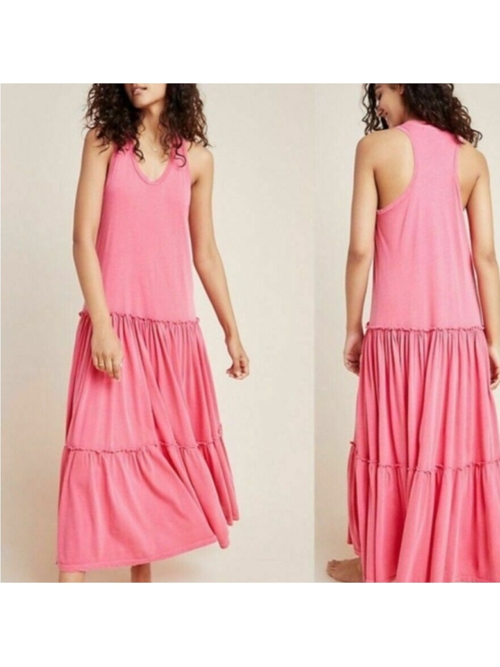 Anthropologie Sundry Pink Tiered Flowy Racerback Midi/ Maxi Dress• Medium